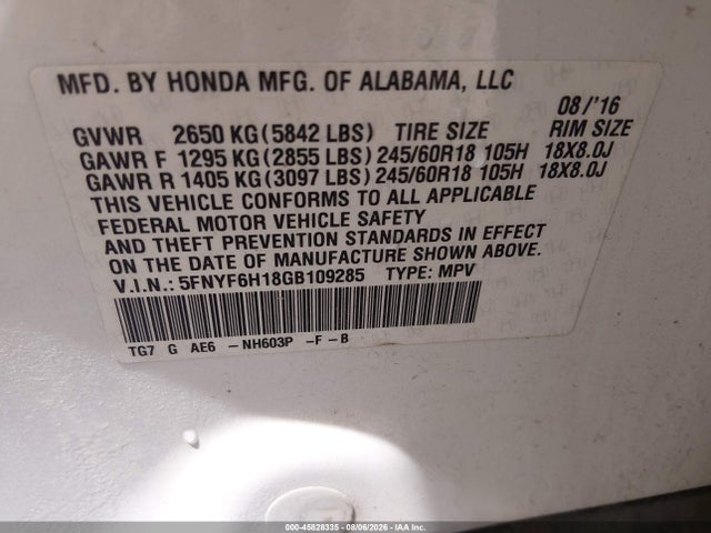 Honda PILOT LX 2016 5FNYF6H18GB109285 Image 9