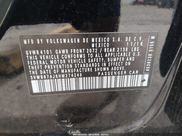 Aukcja sprzedaży 2017 Volkswagen Jetta 1.4t Se, vin: 3VWB67AJ6HM274249, numer aukcji: 45828353