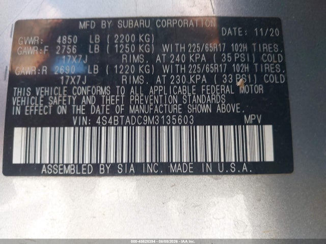 Продажа на аукционе авто 2021 Subaru Outback Premium, vin: 4S4BTADC9M3135603, номер лота: 45828394