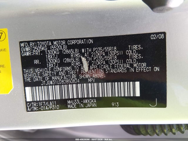 Aukcja sprzedaży 2008 Lexus Rx 400h, vin: JTJGW31U282850824, numer aukcji: 45828398