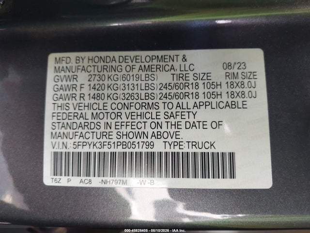Aukcja sprzedaży 2023 Honda Ridgeline Rtl, vin: 5FPYK3F51PB051799, numer aukcji: 45828405