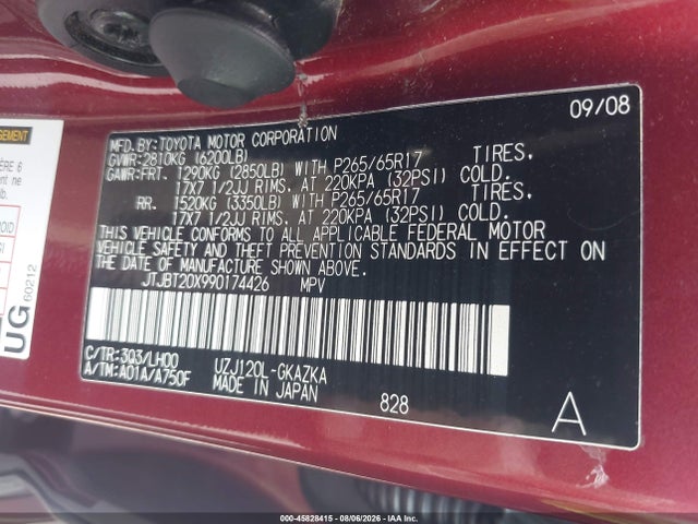 45828415 :رقم المزاد ، JTJBT20X990174426 vin ، 2009 Lexus Gx 470 مزاد بيع