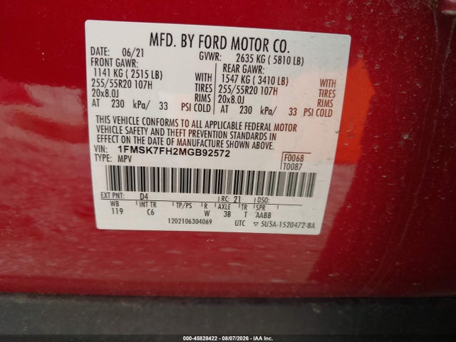 Aukcja sprzedaży 2021 Ford Explorer Limited, vin: 1FMSK7FH2MGB92572, numer aukcji: 45828422