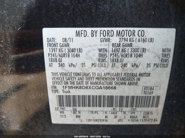 45828436 :رقم المزاد ، 1FMHK8D8XCGA18668 vin ، 2012 Ford Explorer Xlt مزاد بيع