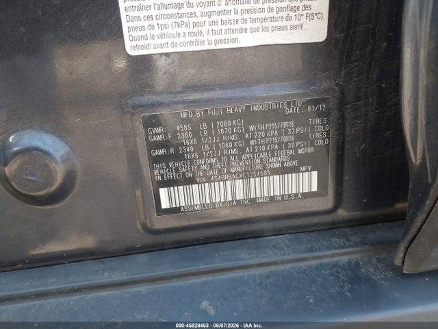 45828453 :رقم المزاد ، 4S4BRBACXC1254585 vin ، 2012 Subaru Outback 2.5i مزاد بيع