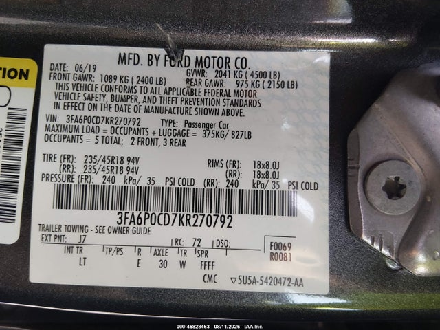 Aukcja sprzedaży 2019 Ford Fusion Sel, vin: 3FA6P0CD7KR270792, numer aukcji: 45828463
