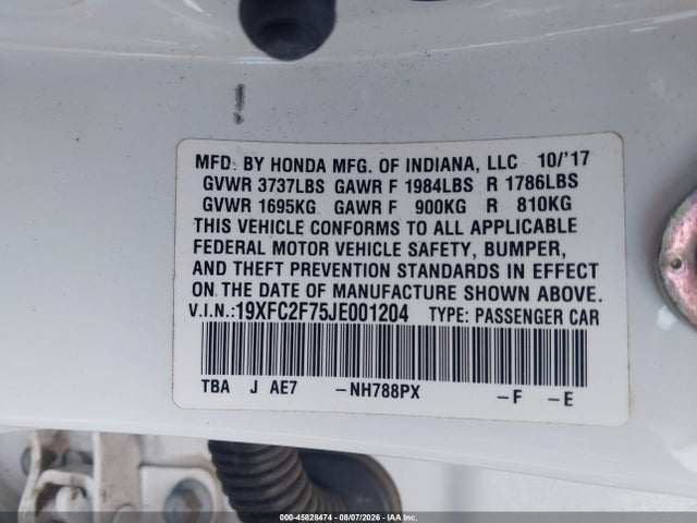 Продажа на аукционе авто 2018 Honda Civic Ex, vin: 19XFC2F75JE001204, номер лота: 45828474