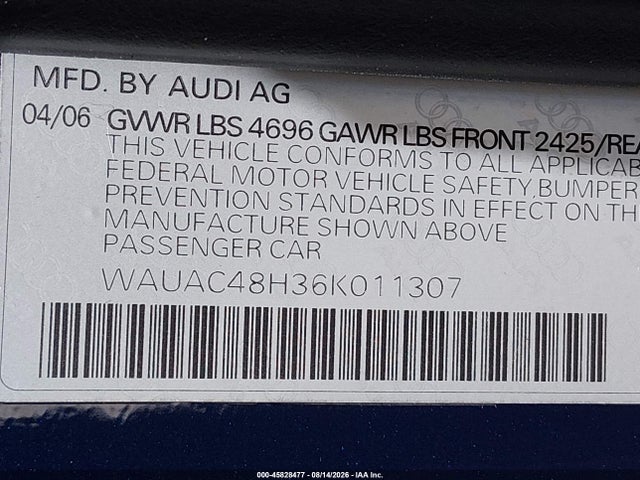 45828477 :رقم المزاد ، WAUAC48H36K011307 vin ، 2006 Audi A4 1.8t مزاد بيع