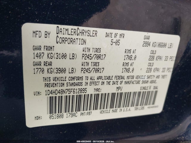 Продажа на аукционе авто 2005 Dodge Durango Slt, vin: 1D4HD48N75F612895, номер лота: 45828485