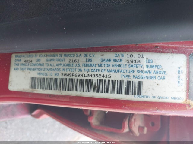 2002 Volkswagen Jetta Gls Tdi მანქანა იყიდება აუქციონზე, vin: 3VWSP69M12M068415, აუქციონის ნომერი: 45828541