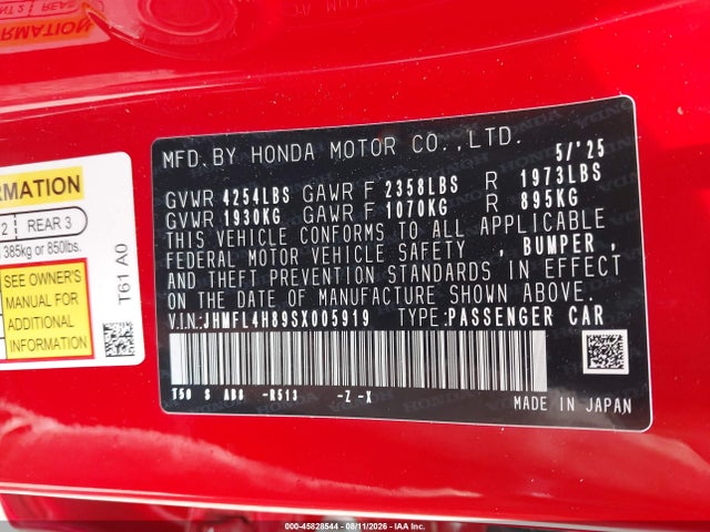 Продажа на аукционе авто 2025 Honda Civic Hybrid Sport, vin: JHMFL4H89SX005919, номер лота: 45828544