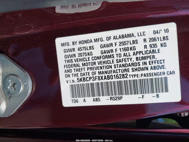 45828589 :رقم المزاد ، 5KBCP3F8XAB016282 vin ، 2010 Honda Accord 3.5 Ex-l مزاد بيع