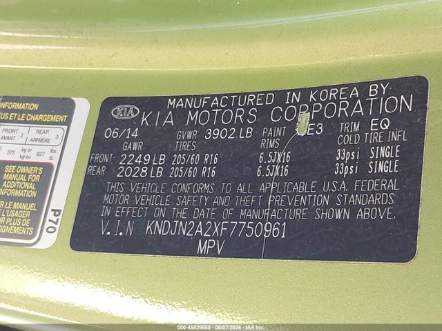 45828600 :رقم المزاد ، KNDJN2A2XF7750961 vin ، 2015 Kia Soul مزاد بيع