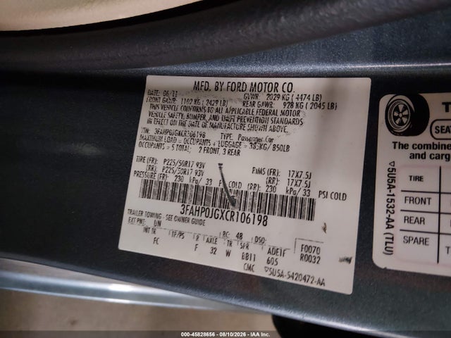 Aukcja sprzedaży 2012 Ford Fusion Sel, vin: 3FAHP0JGXCR106198, numer aukcji: 45828656