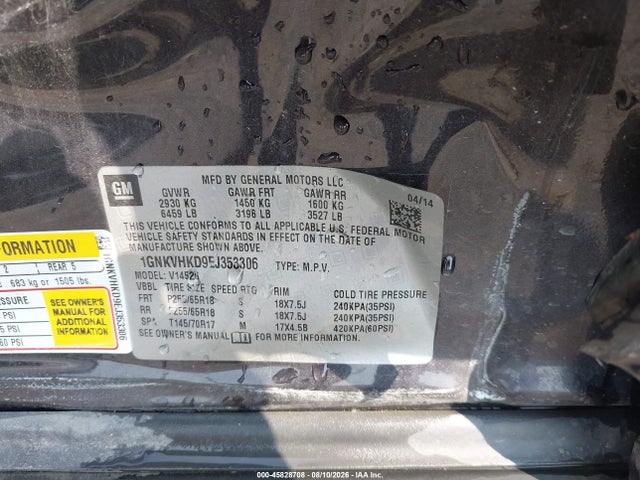 Продажа на аукционе авто 2014 Chevrolet Traverse 2lt, vin: 1GNKVHKD9EJ353306, номер лота: 45828708