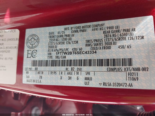 45828743 :رقم المزاد ، 1FT7W2BT6SEC43334 vin ، 2025 Ford F-250 Platinum مزاد بيع