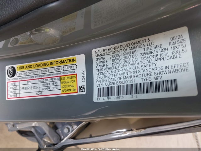45828778 :رقم المزاد ، 5J6RS6H83SL000391 vin ، 2025 Honda Cr-v Hybrid Sport-l مزاد بيع