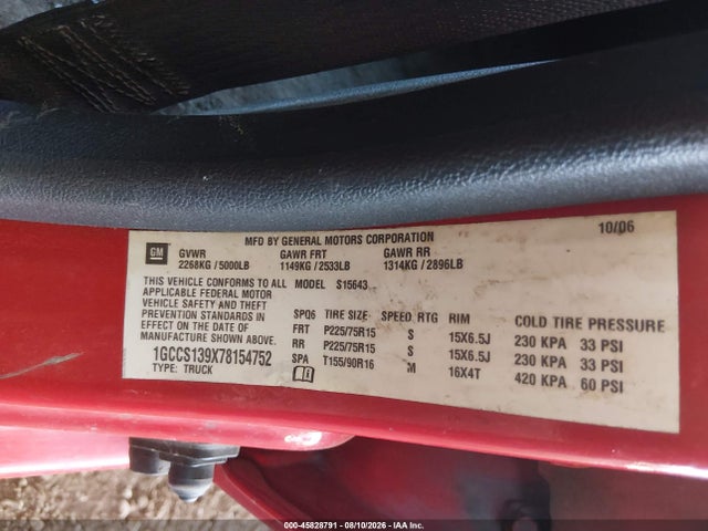 45828791 :رقم المزاد ، 1GCCS139X78154752 vin ، 2007 Chevrolet Colorado Lt مزاد بيع