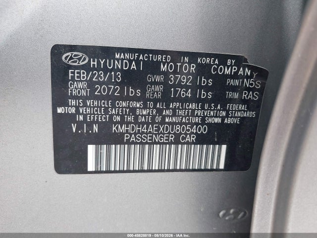 45828819 :رقم المزاد ، KMHDH4AEXDU805400 vin ، 2013 Hyundai Elantra Gls مزاد بيع