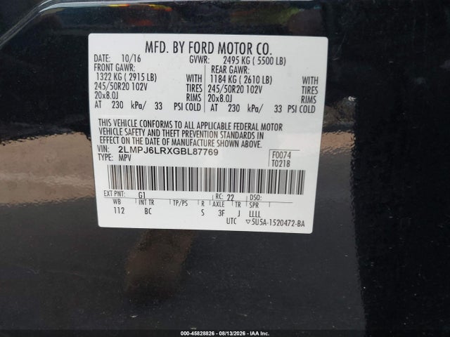 Продажа на аукционе авто 2016 Lincoln Mkx Reserve, vin: 2LMPJ6LRXGBL87769, номер лота: 45828826