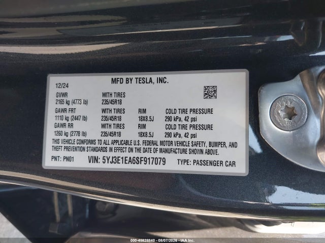 Продаж на аукціоні авто 2025 Tesla Model 3 Long Range Rear-wheel Drive/standard Rear-wheel Drive, vin: 5YJ3E1EA6SF917079, номер лоту: 45828840