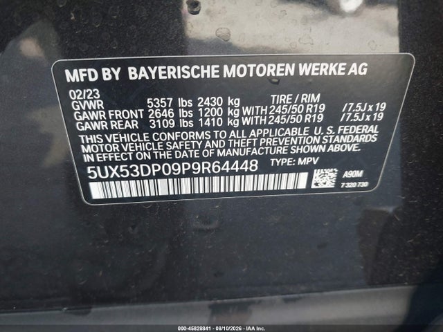 45828841 :رقم المزاد ، 5UX53DP09P9R64448 vin ، 2023 Bmw X3 Xdrive30i مزاد بيع