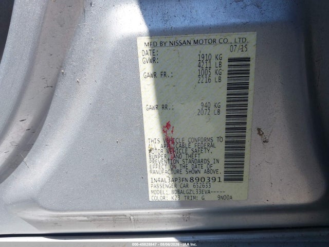 Продаж на аукціоні авто 2015 Nissan Altima 2.5/2.5 S/2.5 Sl/2.5 Sv, vin: 1N4AL3AP3FN890391, номер лоту: 45828847