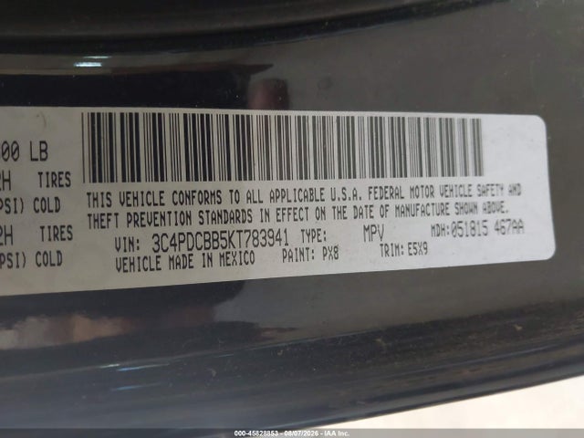 45828853 :رقم المزاد ، 3C4PDCBB5KT783941 vin ، 2019 Dodge Journey Se مزاد بيع