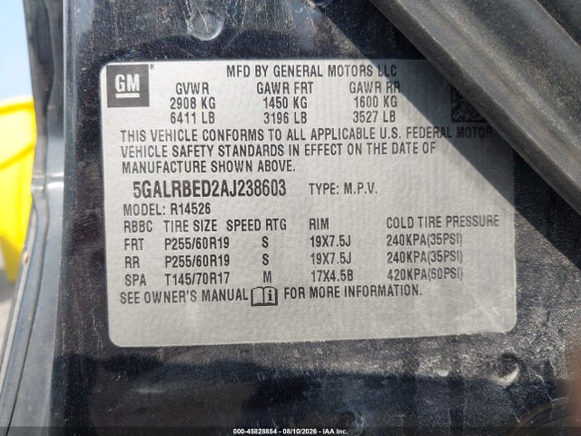 Aukcja sprzedaży 2010 Buick Enclave 1xl, vin: 5GALRBED2AJ238603, numer aukcji: 45828854