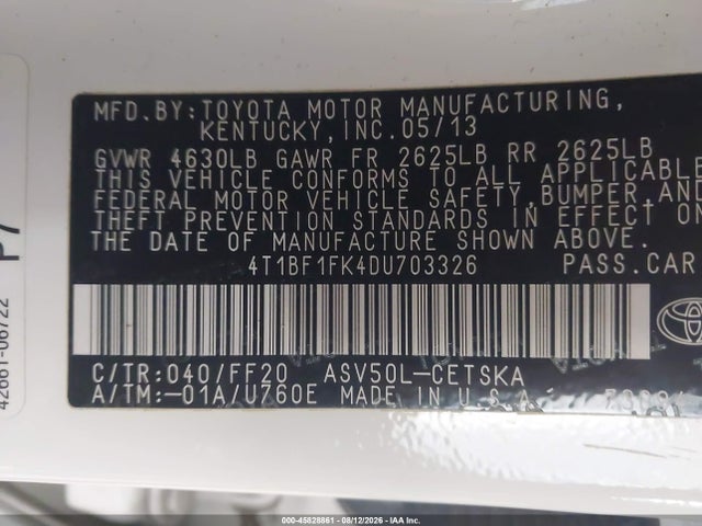 45828861 :رقم المزاد ، 4T1BF1FK4DU703326 vin ، 2013 Toyota Camry Se مزاد بيع