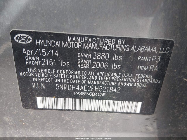 45828864 :رقم المزاد ، 5NPDH4AE2EH521842 vin ، 2014 Hyundai Elantra Se مزاد بيع