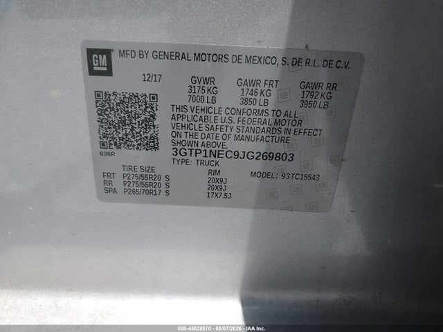 45828870 :رقم المزاد ، 3GTP1NEC9JG269803 vin ، 2018 Gmc Sierra 1500 Slt مزاد بيع