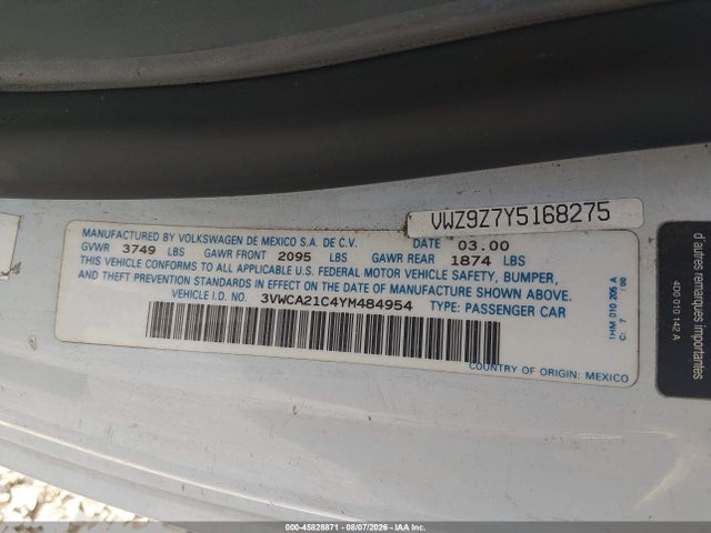 Aukcja sprzedaży 2000 Volkswagen New Beetle Gls, vin: 3VWCA21C4YM484954, numer aukcji: 45828871