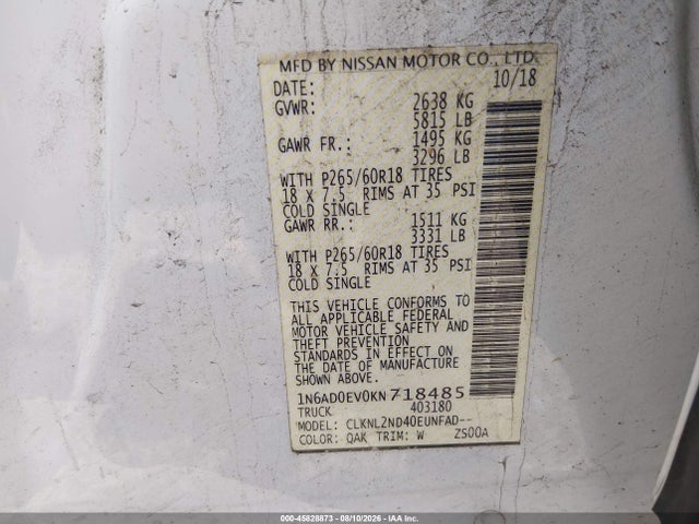 45828873 :رقم المزاد ، 1N6AD0EV0KN718485 vin ، 2019 Nissan Frontier Sv مزاد بيع