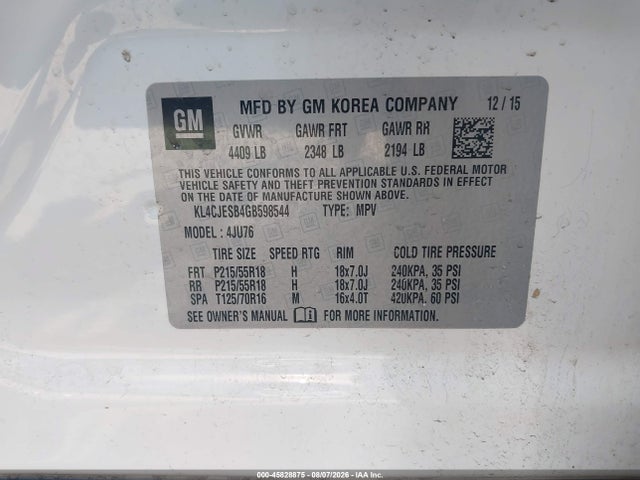 2016 Buick Encore მანქანა იყიდება აუქციონზე, vin: KL4CJESB4GB598544, აუქციონის ნომერი: 45828875