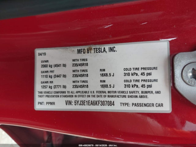 45828879 :رقم المزاد ، 5YJ3E1EA6KF307084 vin ، 2019 Tesla Model 3 Long Range/mid Range/standard Range/standard Range Plus مزاد بيع