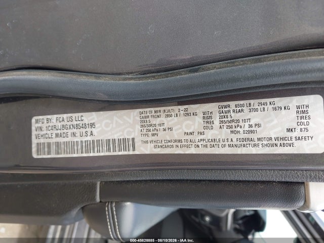 2022 Jeep Grand Cherokee L Limited 4x2 მანქანა იყიდება აუქციონზე, vin: 1C4RJJBGXN8548195, აუქციონის ნომერი: 45828885