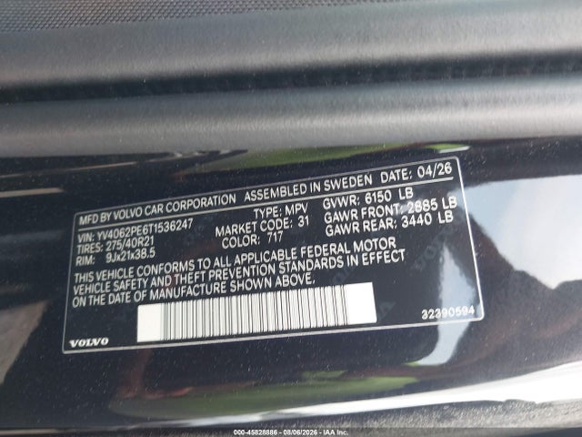 Продаж на аукціоні авто 2026 Volvo Xc90 Plus, B6 Awd Gas (mild Hybrid), Gasoline, Bright, 7 Seats, vin: YV4062PE6T1536247, номер лоту: 45828886