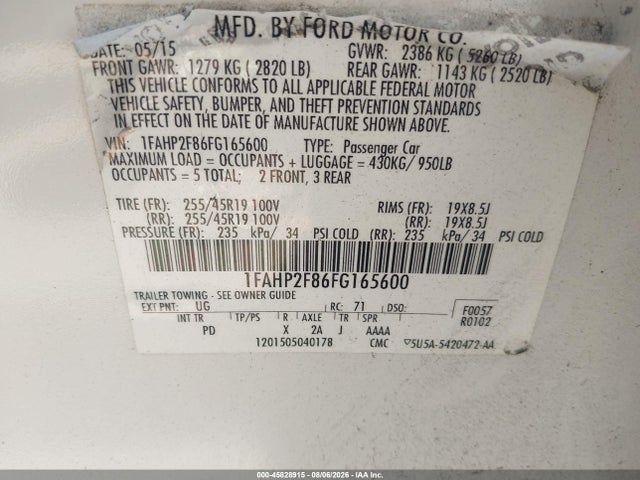 Ford Taurus Limited 2015 1FAHP2F86FG165600 Image 9