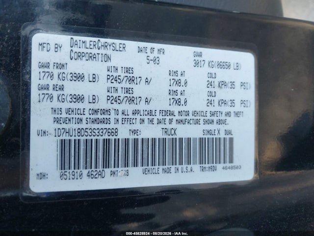 Aukcja sprzedaży 2003 Dodge Ram 1500 Slt/laramie/st, vin: 1D7HU18D53S337668, numer aukcji: 45828924