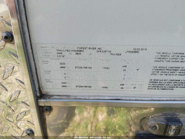 Продаж на аукціоні авто 2019 Forest River Other, vin: 5NHULFB21KN099893, номер лоту: 45828938