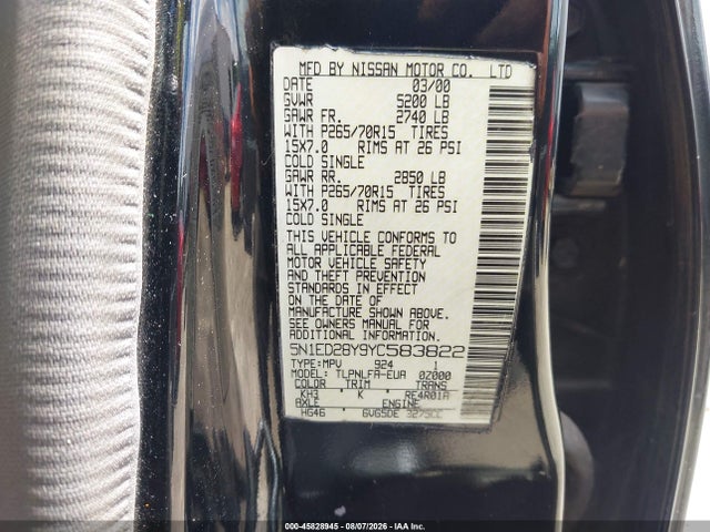 Aukcja sprzedaży 2000 Nissan Xterra Se/xe, vin: 5N1ED28Y9YC583822, numer aukcji: 45828945