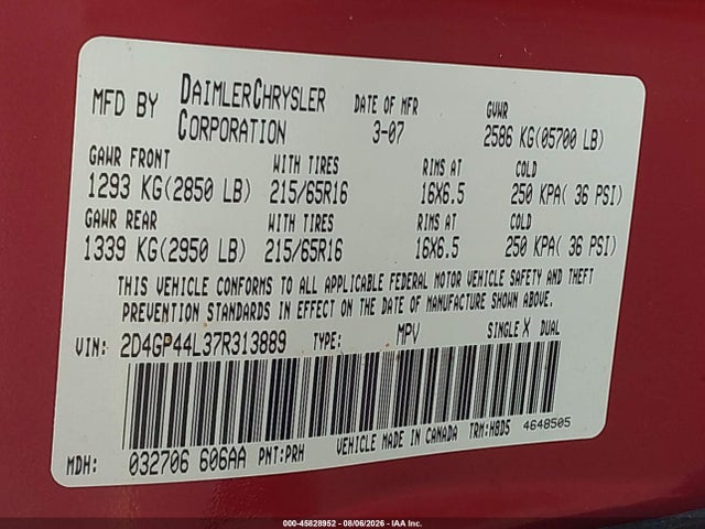 Продажа на аукционе авто 2007 Dodge Grand Caravan Sxt, vin: 2D4GP44L37R313889, номер лота: 45828952