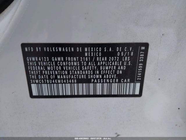 Продаж на аукціоні авто 2019 Volkswagen Jetta 1.4t R-line/1.4t S/1.4t Se, vin: 3VWC57BU4KM043468, номер лоту: 45828953