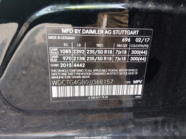 45828959 :رقم المزاد ، WDCTG4GB0JJ368157 vin ، 2018 Mercedes-benz Gla 250 4matic مزاد بيع