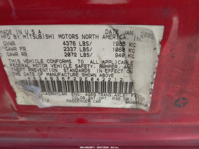 2009 Mitsubishi Galant Es/sport Edition მანქანა იყიდება აუქციონზე, vin: 4A3AB36F29E042212, აუქციონის ნომერი: 45828971
