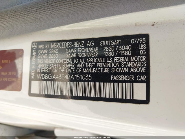 Aukcja sprzedaży 1994 Mercedes-benz S 420, vin: WDBGA43E4RA151035, numer aukcji: 45828973