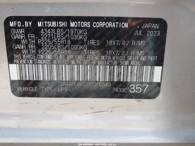 2023 Mitsubishi Outlander Sport მანქანა იყიდება აუქციონზე, vin: JA4ARUAU2PU015843, აუქციონის ნომერი: 45828980