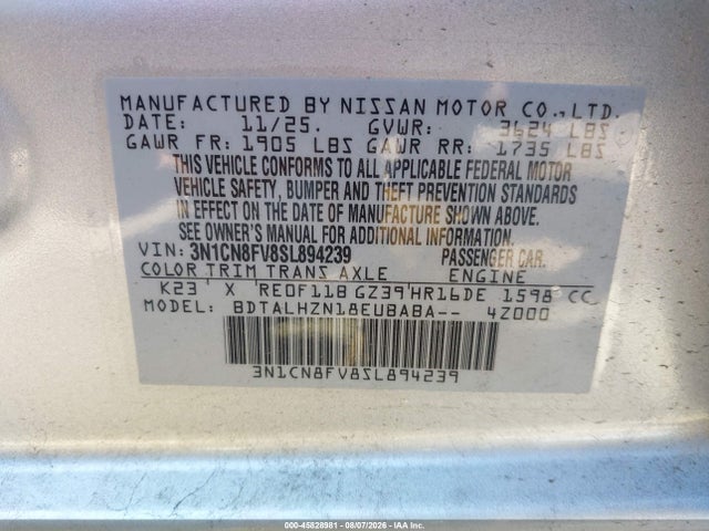 45828981 :رقم المزاد ، 3N1CN8FV8SL894239 vin ، 2025 Nissan Versa 1.6 Sr مزاد بيع