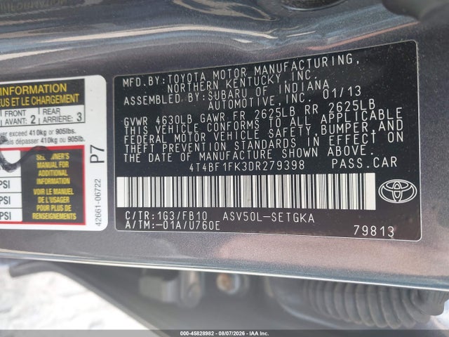 45828982 :رقم المزاد ، 4T4BF1FK3DR279398 vin ، 2013 Toyota Camry Xle مزاد بيع